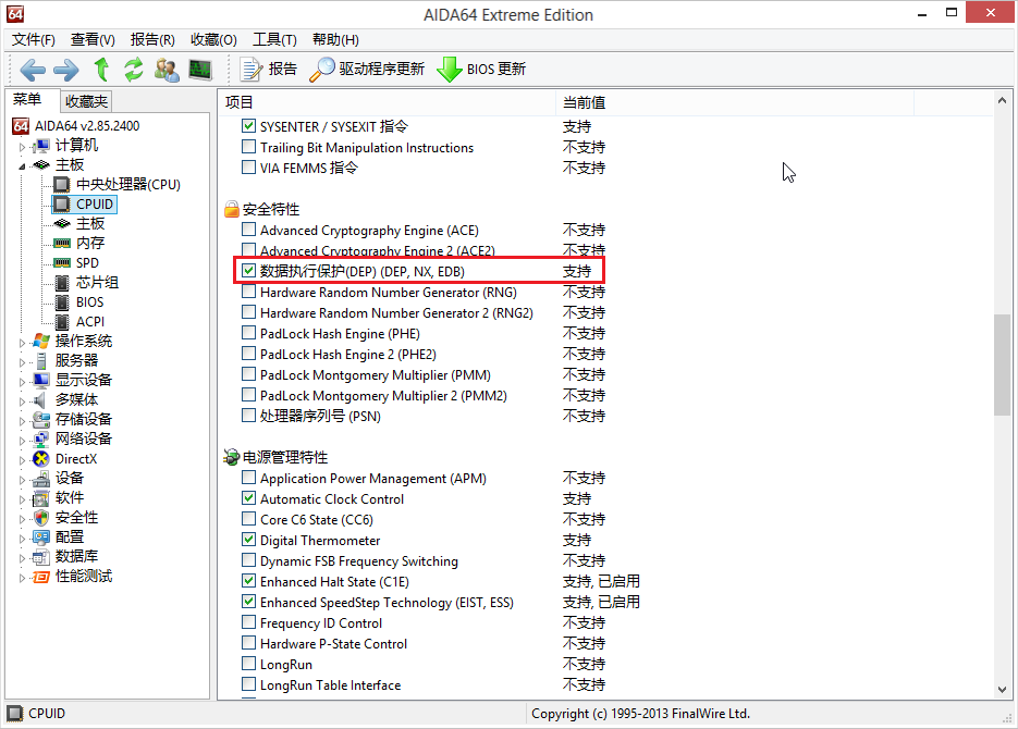 AIDA64 CPU NX 支持检测